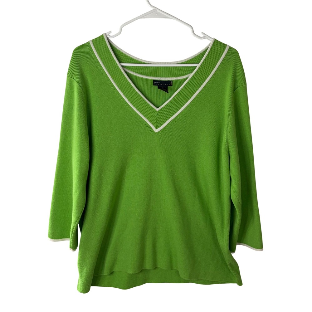 Grace Elements Womens Green V-Neck 3/4 Sleeve Knit Sweater White Trim 1X